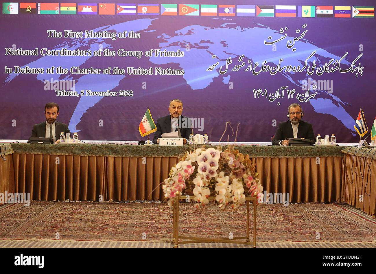 Tehran, Iran. 05th Nov, 2022. Iran's foreign minister Hossein Amirabdollahian (C) attends the First Meeting of the National Coordinators of the Group of Friends Defending the United Nations Charter in Tehran, Iran November 5, 2022. The Iranian foreign minister, Hossein Amir-Abdollahian told the midea for the first time on Saturday that his country had sent drones to Russia but suggested the transfers took place before Moscow invaded Ukraine. Photo by Iranian FM Press Office/UPI Credit: UPI/Alamy Live News Stock Photo