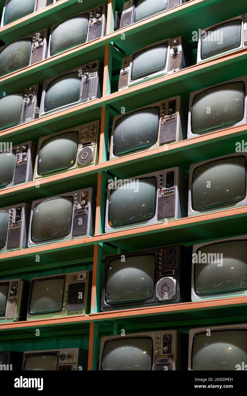 Old retro CRT TVs all over the wall Stock Photo Alamy