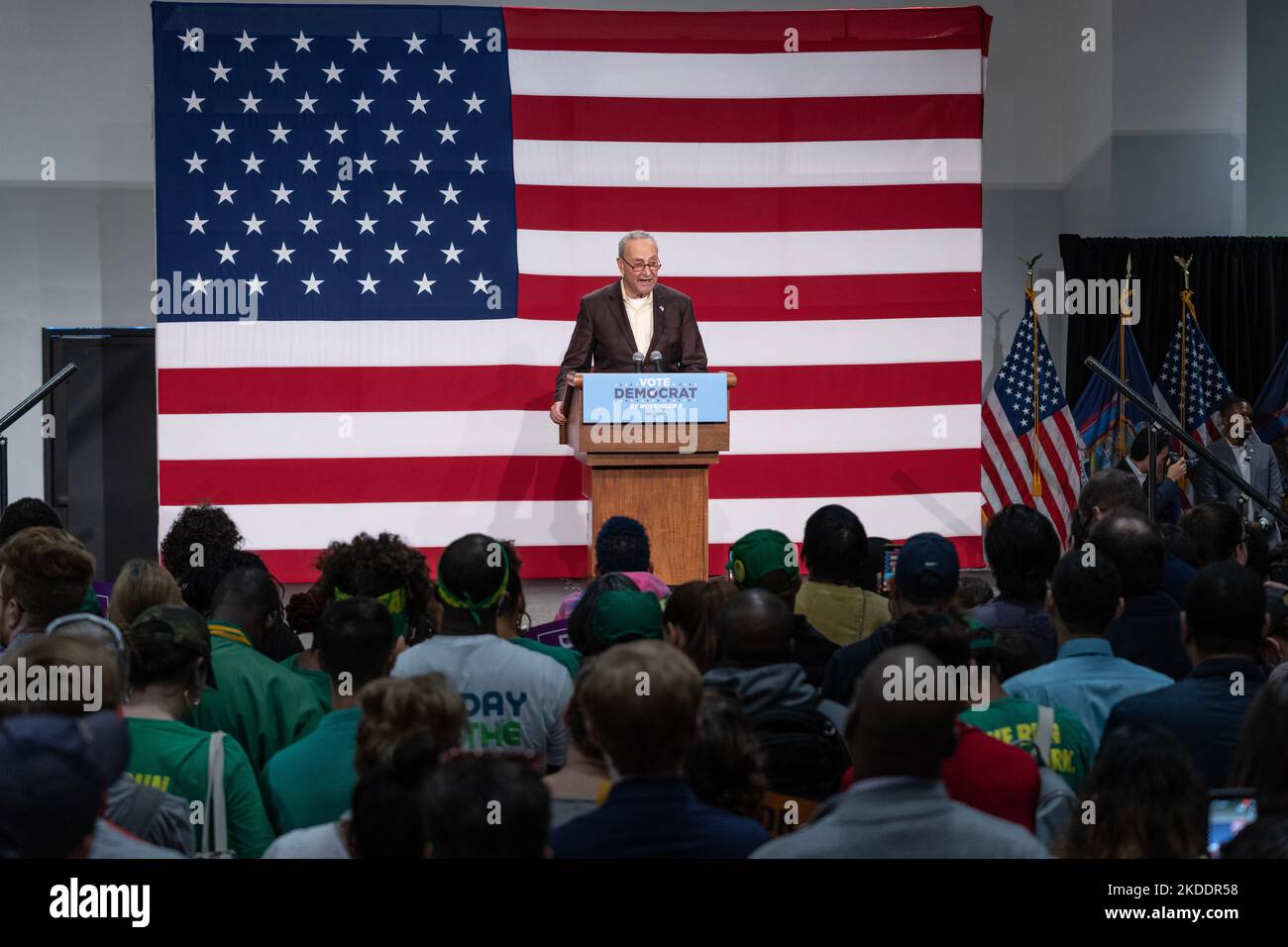 US Senator Charles Schumer speaks during election campaign rally for Governor Kathy Hochul at BKLYN Studios in New York on November 5, 2022. Stock Photo