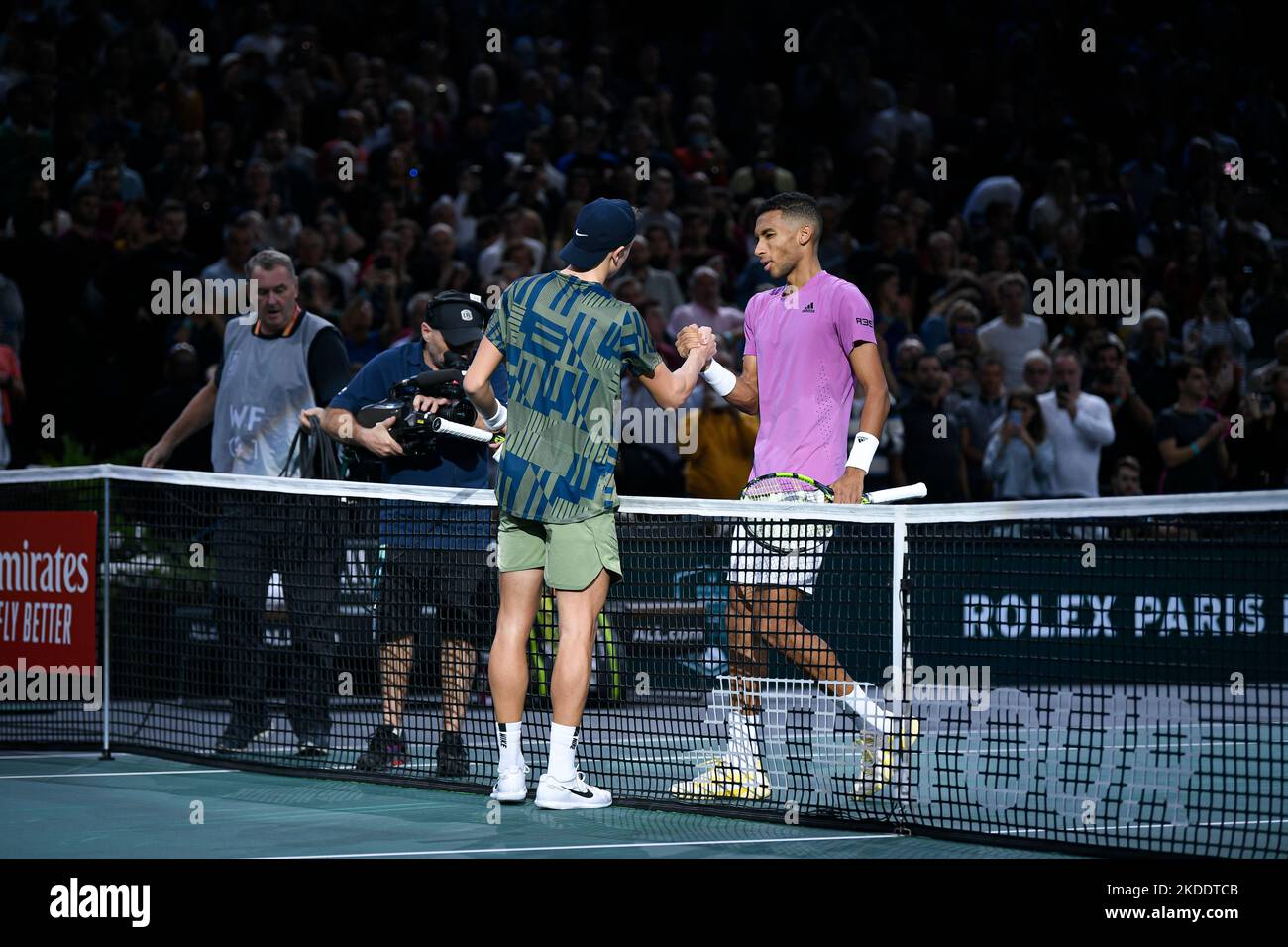 Felix AugerAliassime and Holger Rune during the Rolex Paris Masters