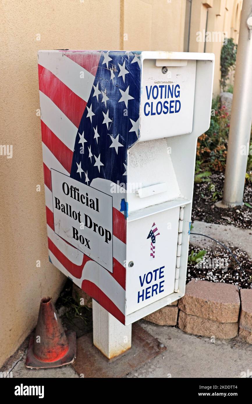 Official Ballot Drop Box stating voting closed outside the Archuleta County Courthouse on San Juan Street in Pagosa Springs, Colorado. Stock Photo