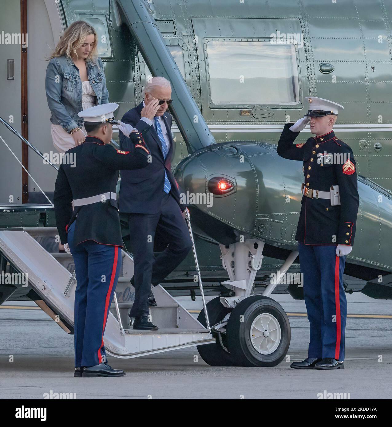 QUEENS, N.Y. – September 22, 2022: President Joe Biden exits Marine One with his granddaughter Finnegan Biden at John F. Kennedy International Airport. Stock Photo