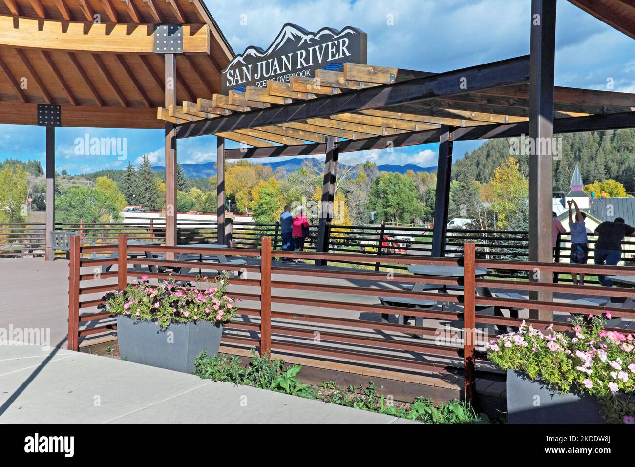 The San Juan River overlook pavilion in downtown Pagosa Springs, offers visitors a birds-eye view of the riverwalk, San Juan River, and hot springs Stock Photo