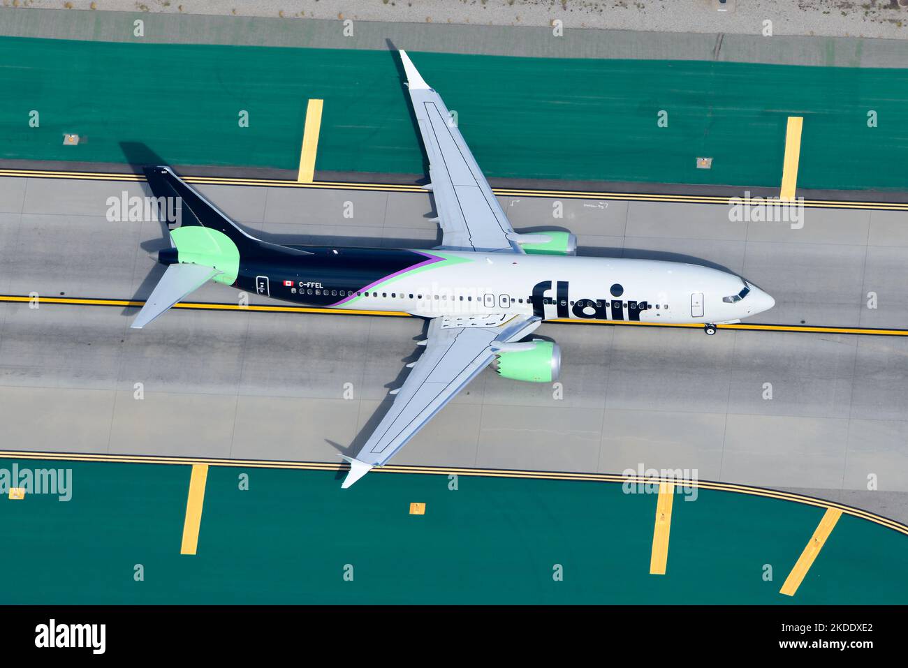 Flair Airlines Boeing 737 MAX aircraft taxiing. Ultra low cost Canadian airline with 737-8MAX plane. Airplane of Flair Airlines. Stock Photo