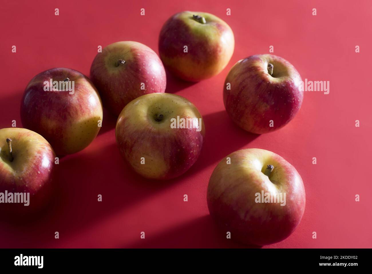 Seven apples backlit by bright light cast shadows on a plain red background. Stock Photo
