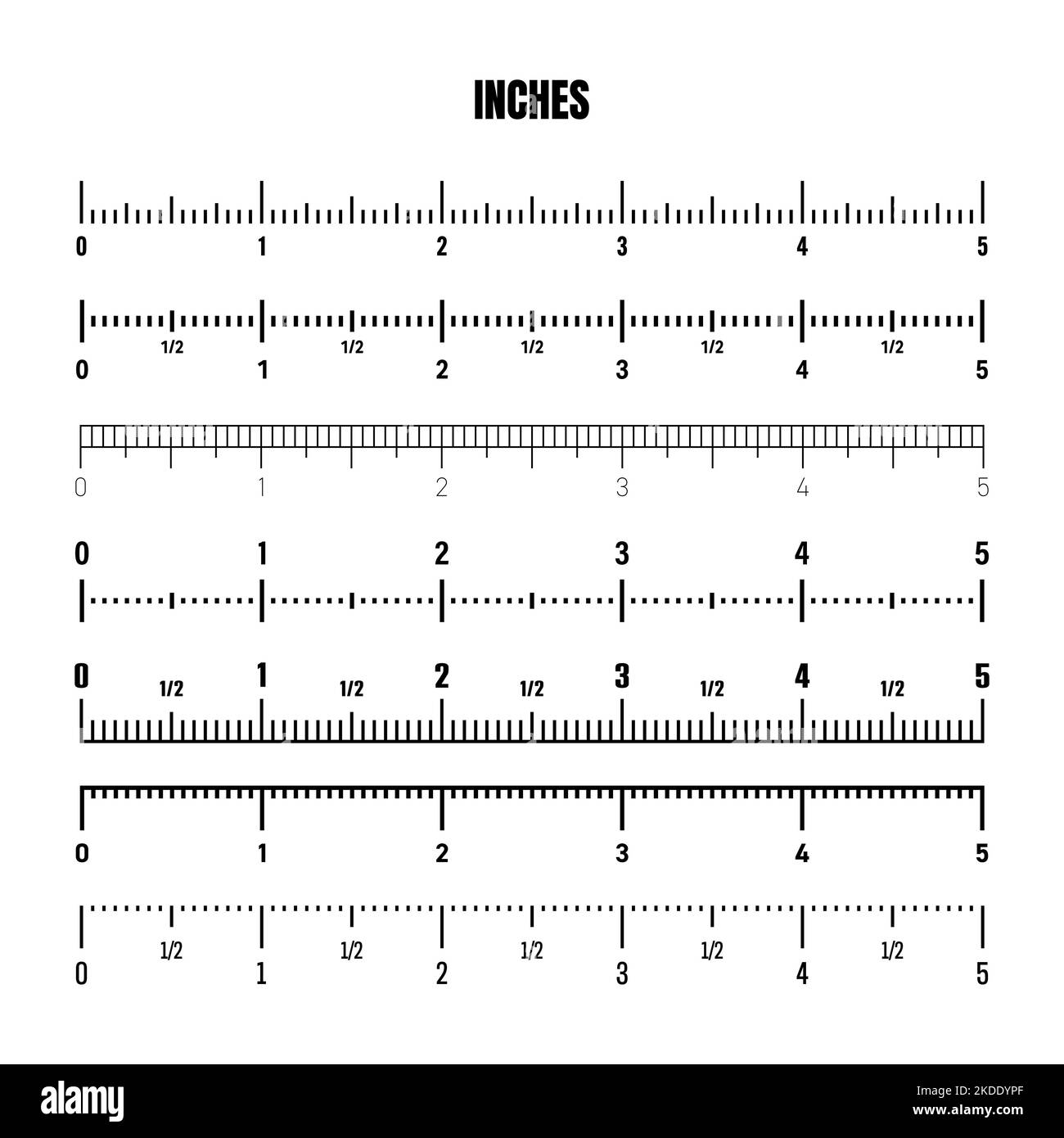 Realistic black inch scale for measuring length or height. Various