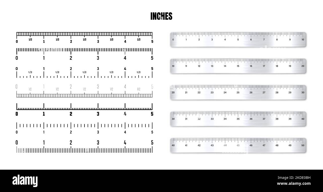 Realistic metal rulers with black inch scale for measuring length or