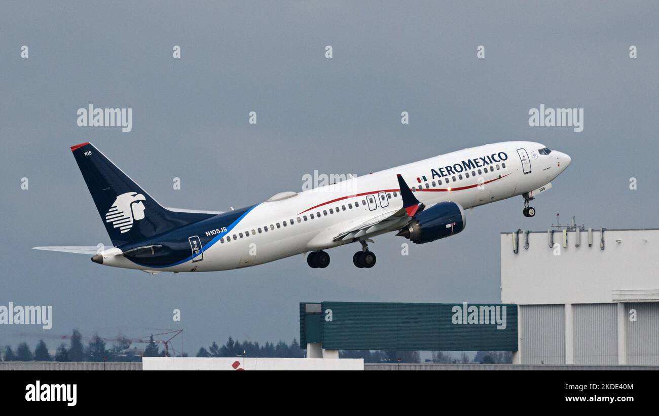 Richmond, British Columbia, Canada. 7th Mar, 2022. An Aeromexico Boeing 737 MAX 8 narrow-body jetliner (N105JS) departs from Vancouver International Airport. (Credit Image: © Bayne Stanley/ZUMA Press Wire) Stock Photo