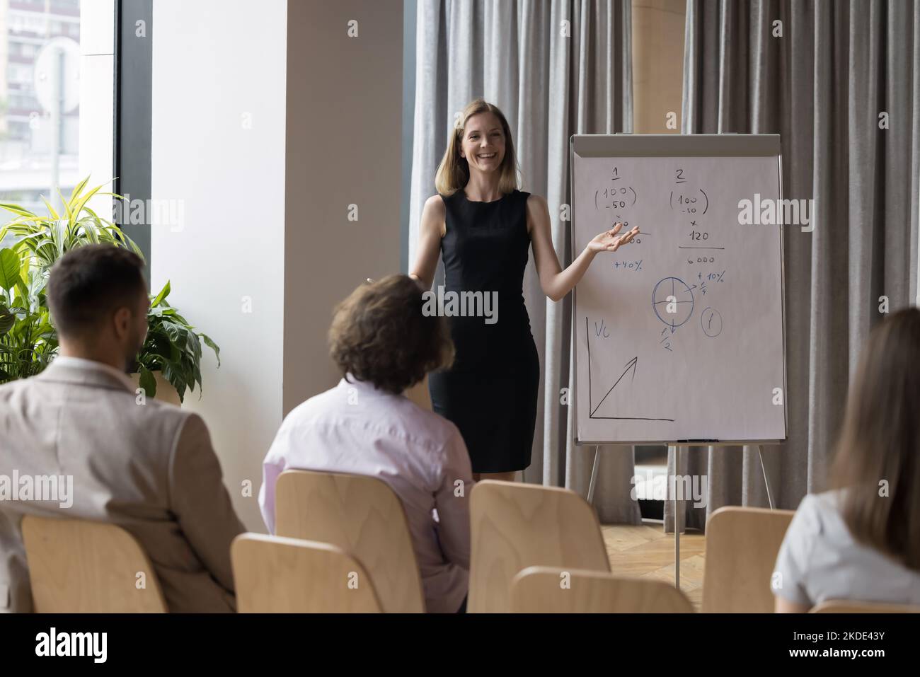 Smiling female business trainer give presentation on flip chart Stock Photo