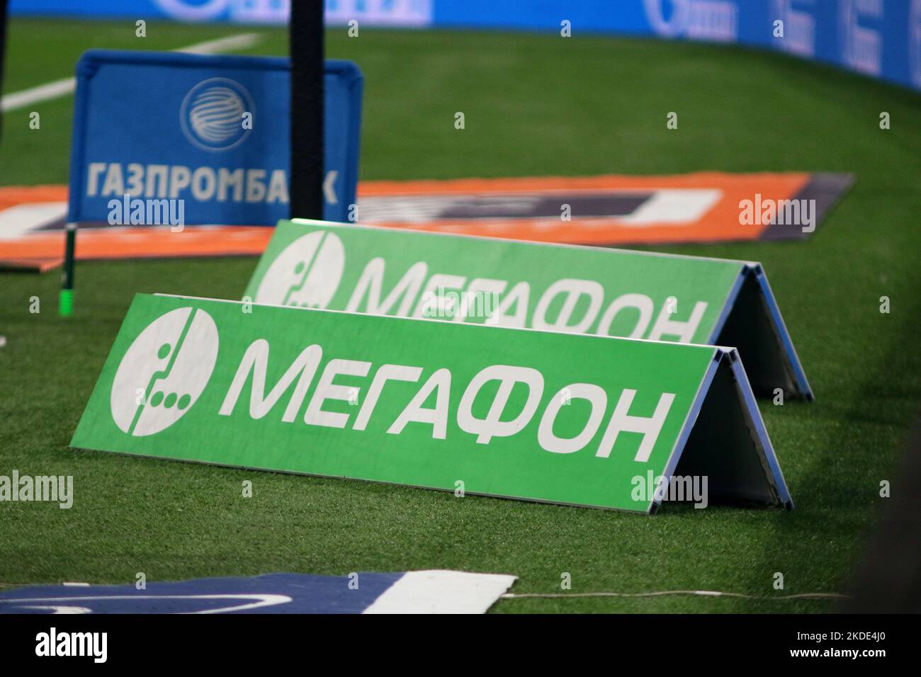Saint Petersburg, Russia. 05th Nov, 2022. Logo Mobile operator Megafon seen during the Russian Premier League football match between Zenit Saint Petersburg and Akhmat Grozny at Gazprom Arena. Final score; Zenit 1:2 Akhmat. Credit: SOPA Images Limited/Alamy Live News Stock Photo