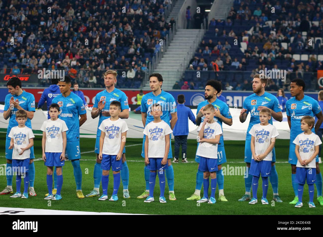 Saint Petersburg, Russia. 05th Nov, 2022. Claudio Luiz Rodrigues Parise Leonel, commonly known as Claudinho (No.11), Daler Kuzyaev (No.14), Dmitri Chistyakov (No.2) of Zenit seen in action during the Russian Premier League football match between Zenit Saint Petersburg and Akhmat Grozny at Gazprom Arena. Final score; Zenit 1:2 Akhmat. (Photo by Maksim Konstantinov/SOPA Images/Sipa USA) Credit: Sipa USA/Alamy Live News Stock Photo
