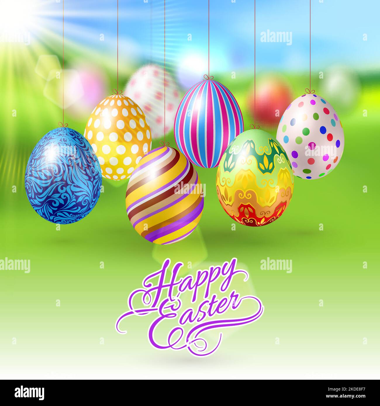 Eggs with Different Ornaments Hanging on a String on Green Stock Vector