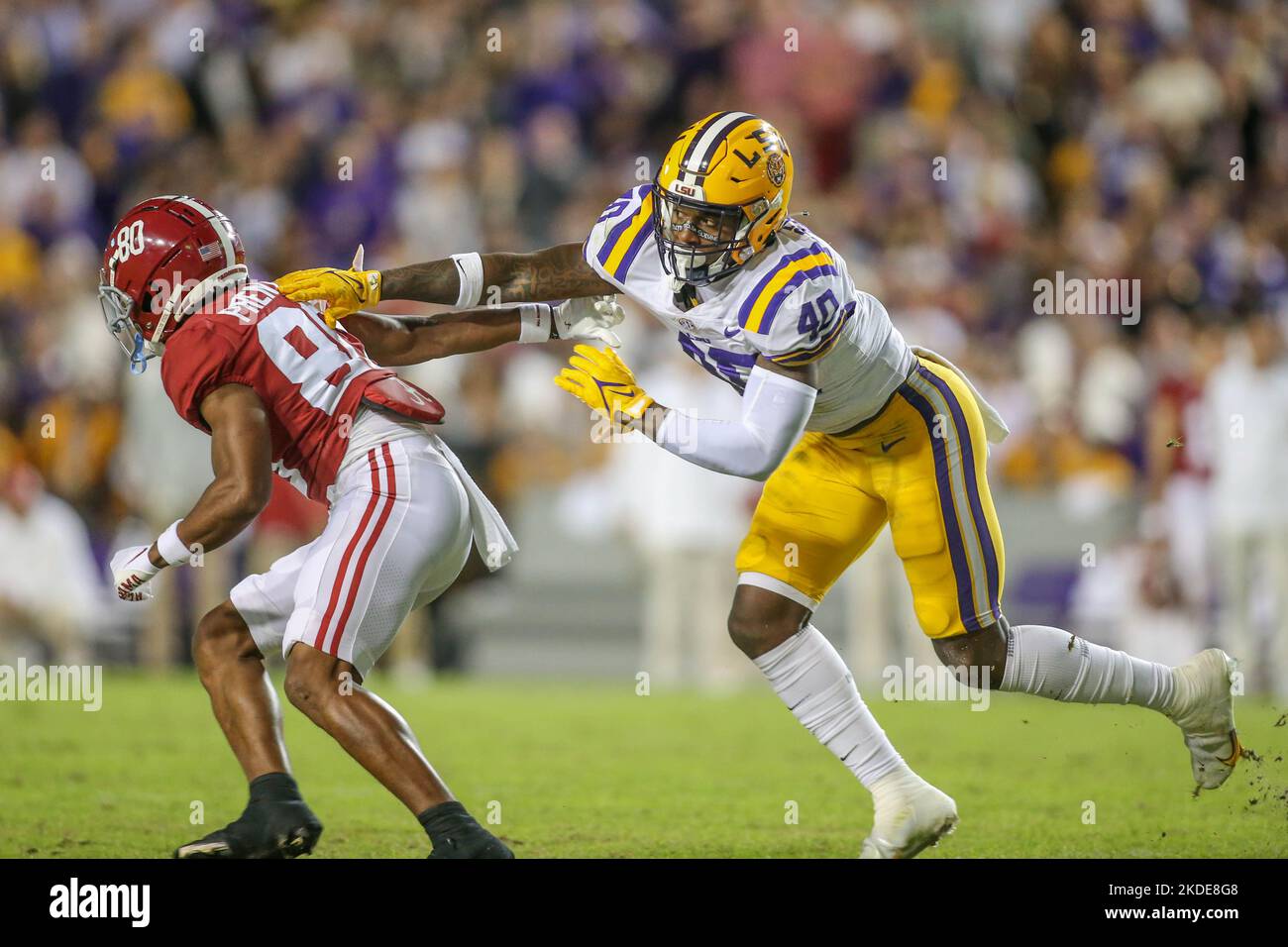 November 5, 2022 Alabama's Kobe Prentice (80) tries to get around LSU