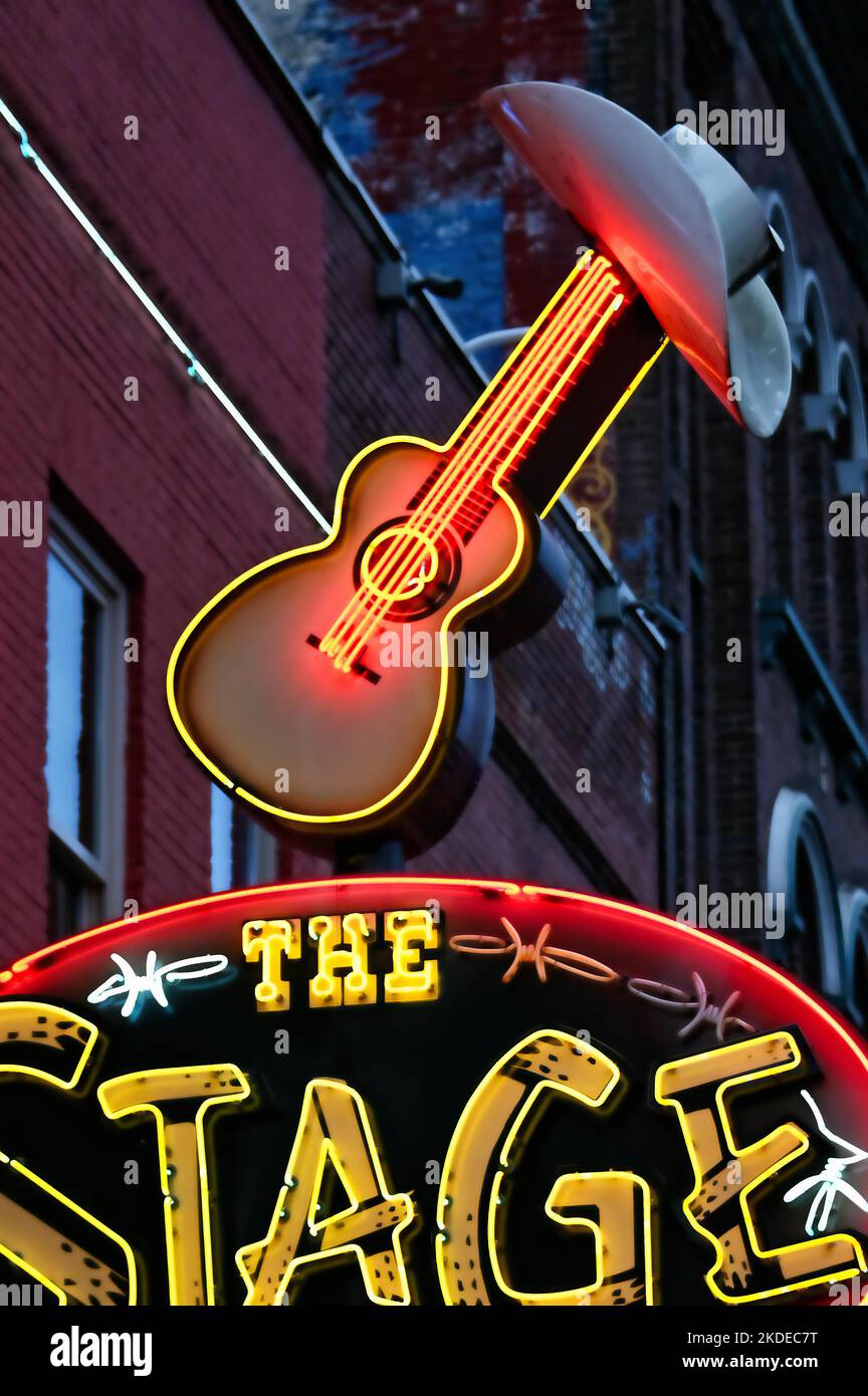 Illuminated sign The Stage on Broadway, Nashville, Tennessee, United States of America Stock Photo