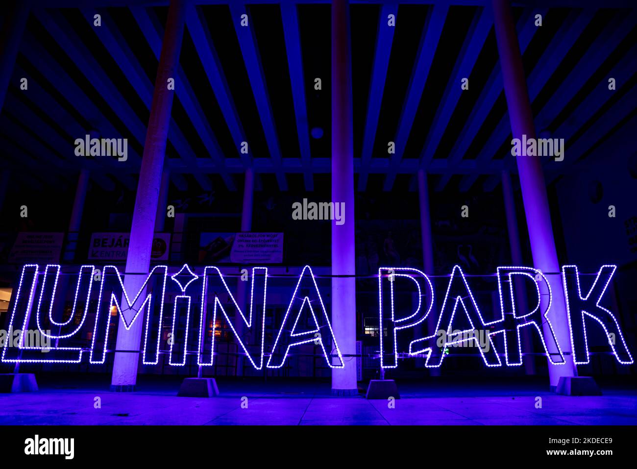 11.03.22 Budapest Hungary, The Lumina park is the light exhibition in Budapest, on Margit island in Palatinus beach. Showing us the famous icons thing Stock Photo