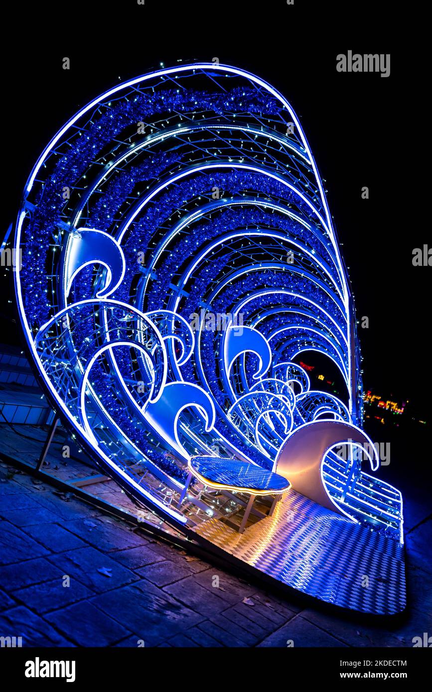 11.03.22 Budapest Hungary, The Lumina park is the light exhibition in Budapest, on Margit island in Palatinus beach. Showing us the famous icons thing Stock Photo