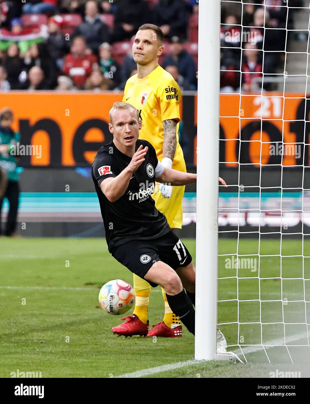 Augsburg, Germany. 5th Nov, 2022. Sebastian Rode (front) of Frankfurt reacts after scoring during the German first division Bundesliga football match between FC Augsburg and Eintracht Frankfurt in Augsburg, Germany, Nov. 5, 2022. Credit: Philippe Ruiz/Xinhua/Alamy Live News Stock Photo