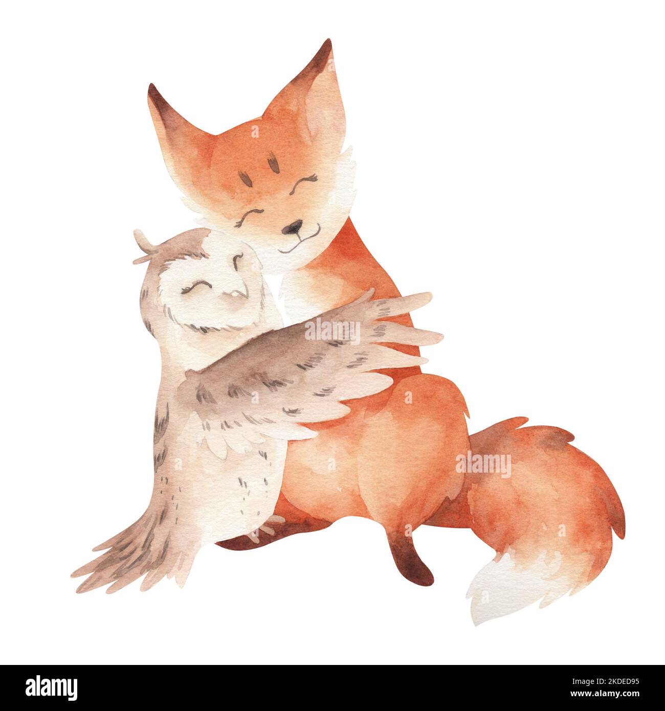 Cute watercolor fox and owl in white. Cuddling cute animals. Watercolor forest animals. Stock Photo