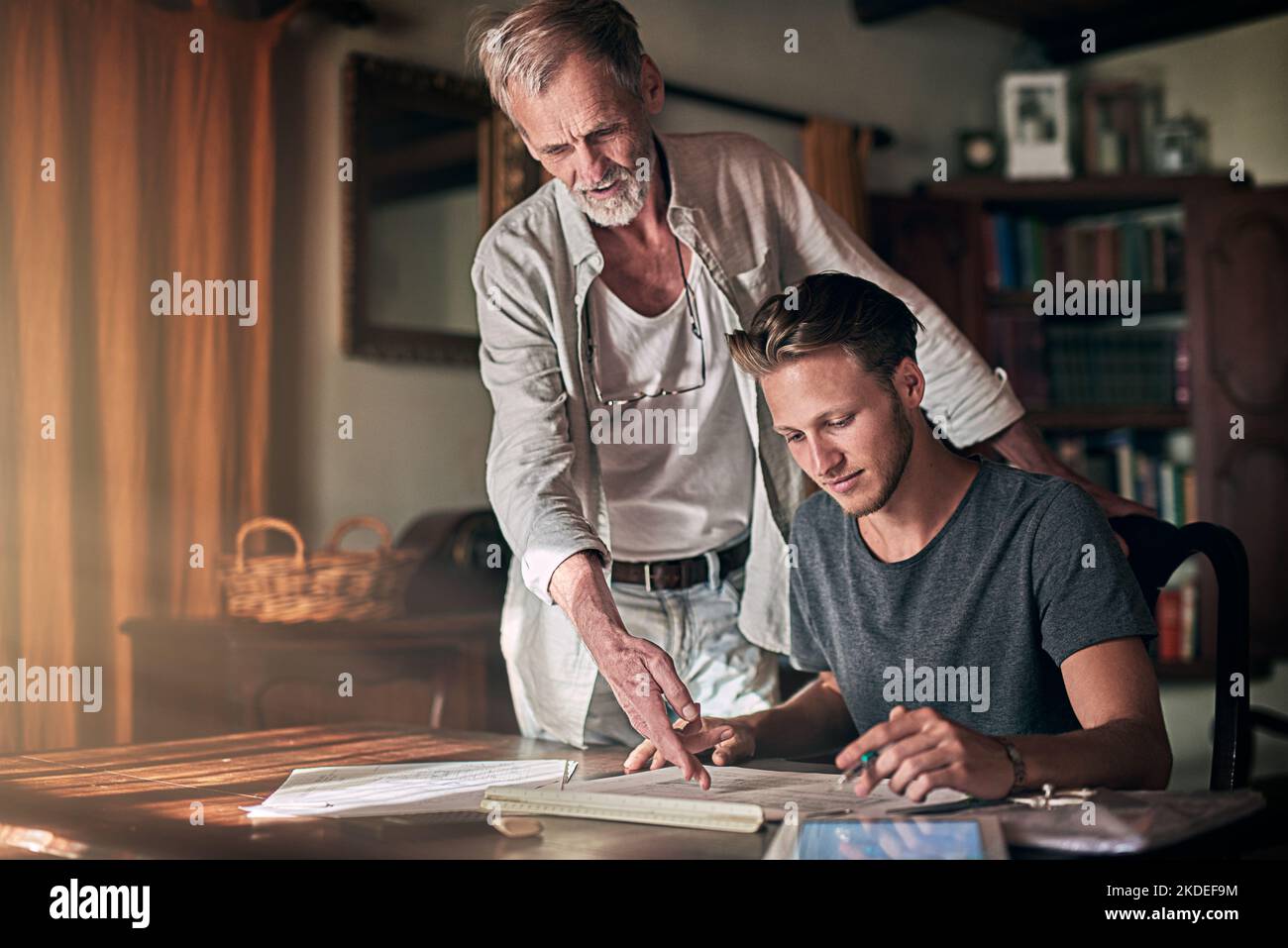 Keeping their business in the family. a father and his son working on a design for their family business at home. Stock Photo