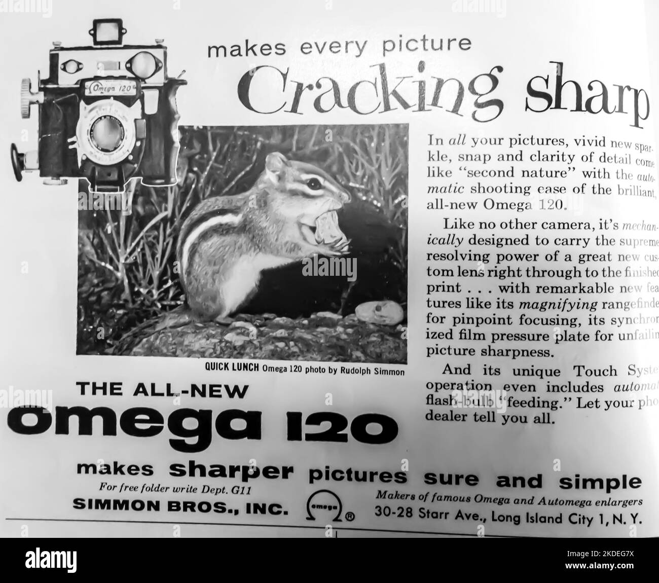 Camera Omega-120, Simon Bros Inc. advertisement placed inside NatGeo magazine< 1954 Stock Photo