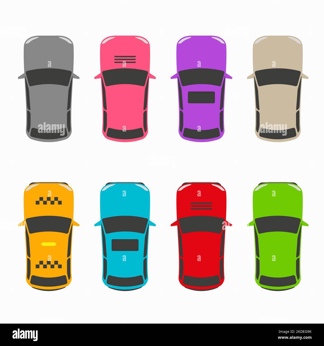 Hatchback passenger cars top view silhouette icon set. Flat vector illustration isolated on white background. Stock Vector