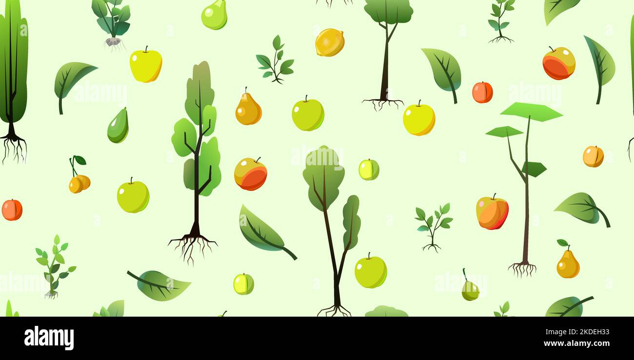 Seedlings of young trees with roots. Garden plants. Fruit plantings. Seamless pattern. Vector Stock Vector