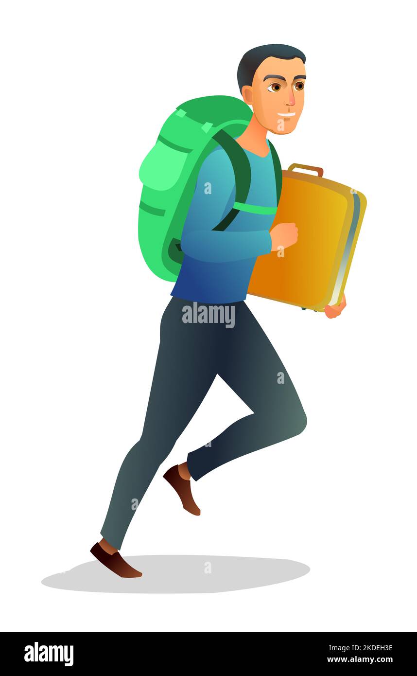 Tourist with backpack and suitcase. Runs in time. Goes on trip. Traveler on road. Isolated on white background. Vector. Stock Vector