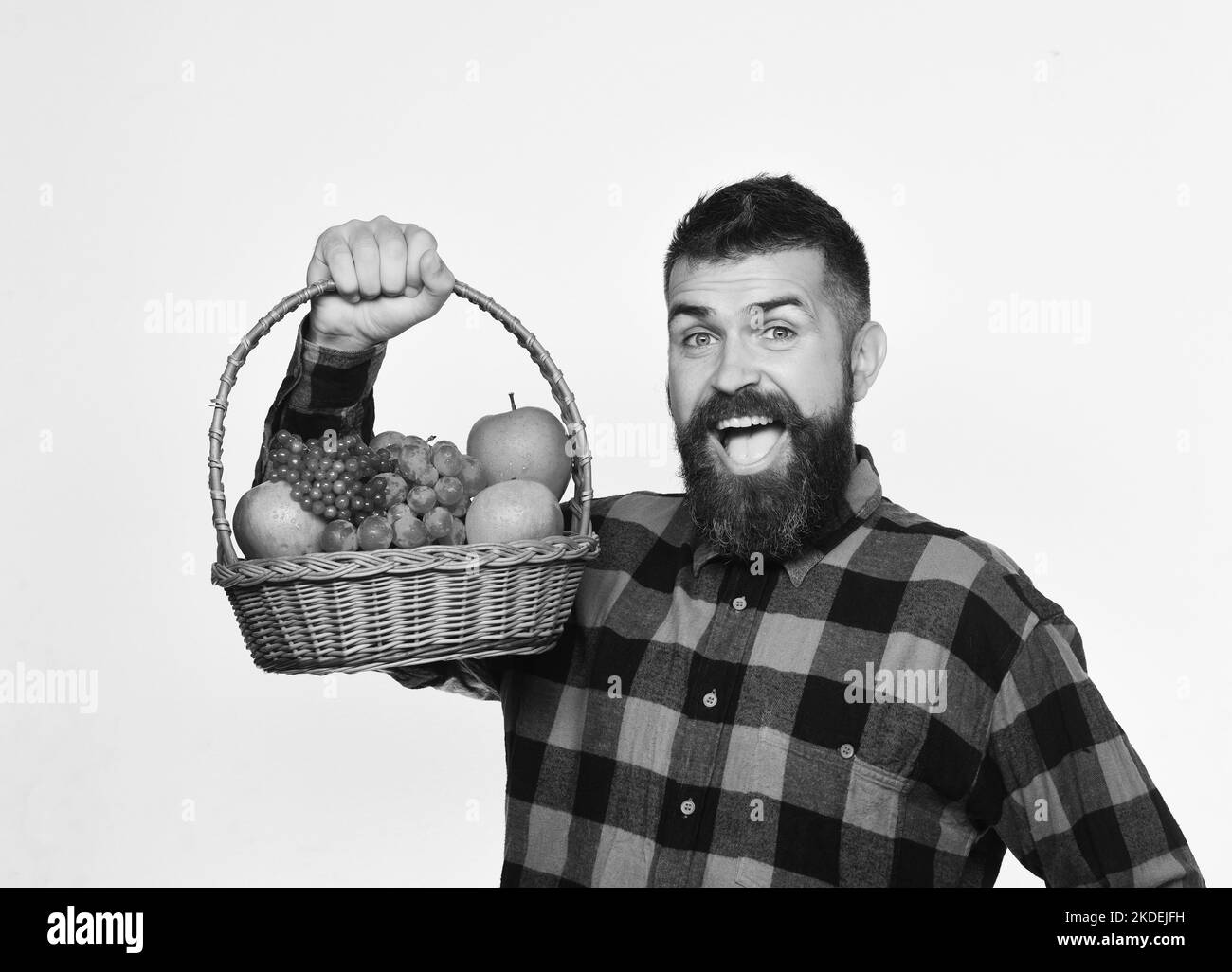 Farmer with excited face presents apples, grapes and cranberries Stock Photo