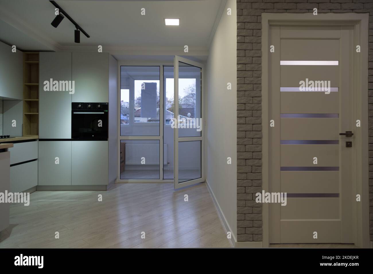 Modern kitchen interior in apartment buildings. Modern minimalist ...