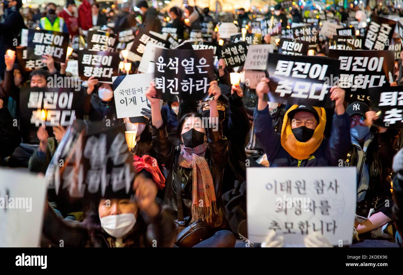 People mourn for the victims of the Halloween crowd crush, November 5