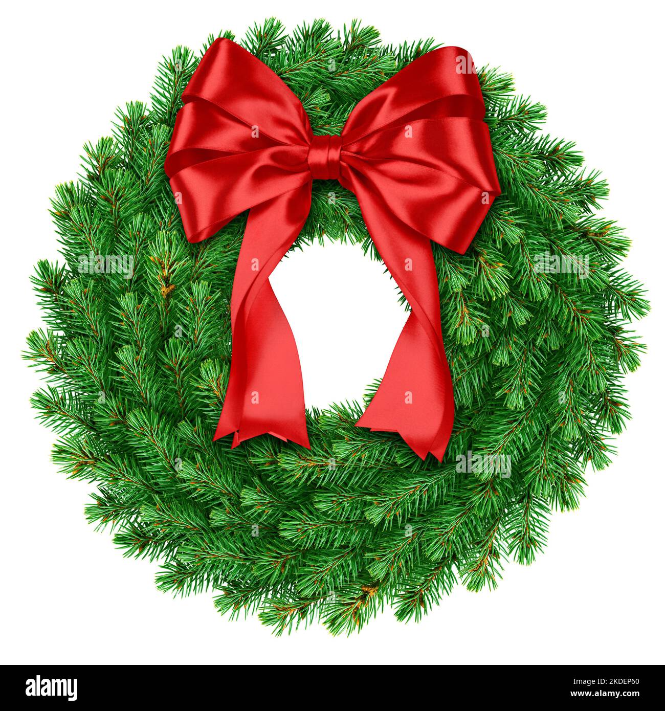 christmas wreath, red ribbon bow, isolated on white background Stock ...
