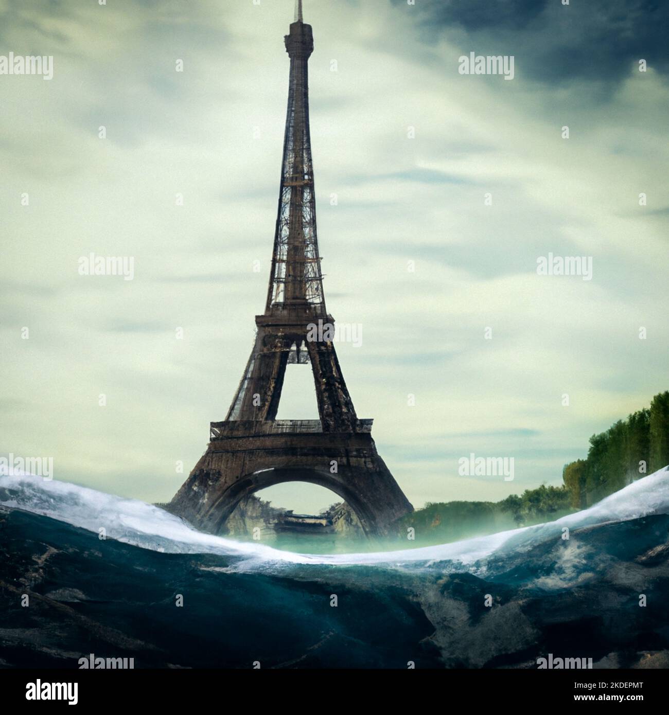 France, Paris on 2022-11-05. Digital illustration of the city of Paris flooded by rising water levels due to global warming. Image created using an ar Stock Photo