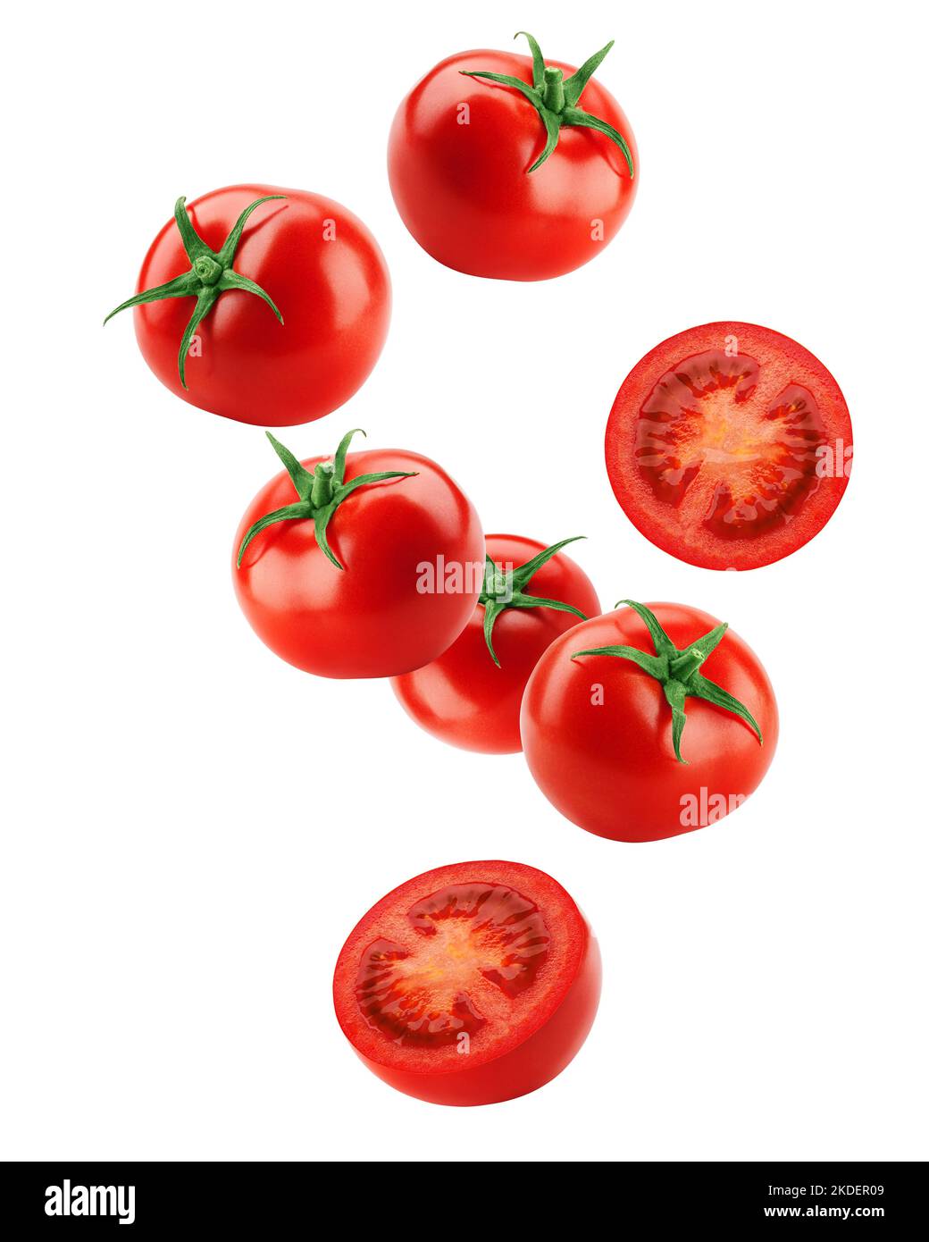 Falling tomato isolated on white background, clipping path, full depth of field Stock Photo