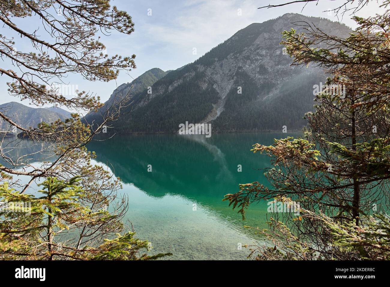 Lake Plansee and mountain background on a sunny autumn day in the ...