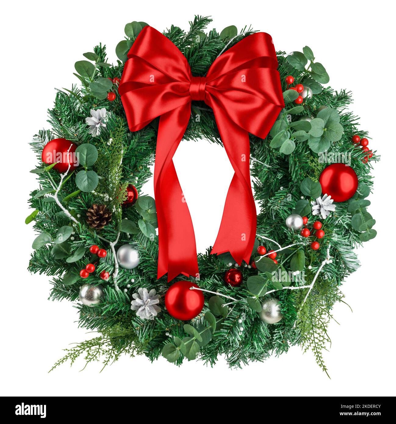 christmas wreath, red ribbon bow, isolated on white background ...