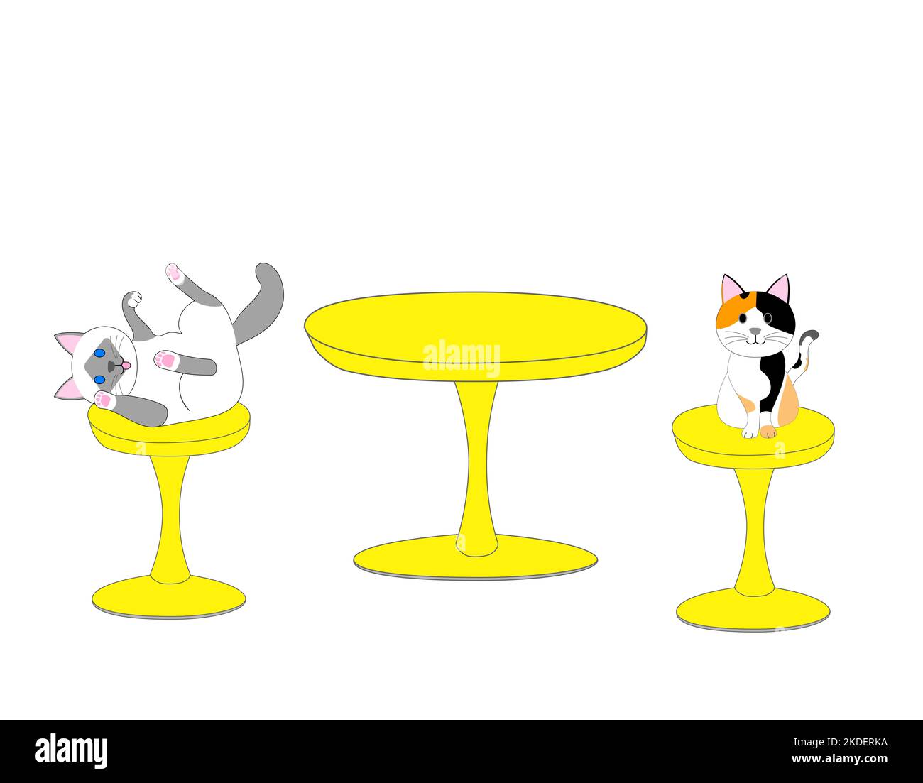 cat cafe with cats with sixtie’s style table and stools. Stock Photo