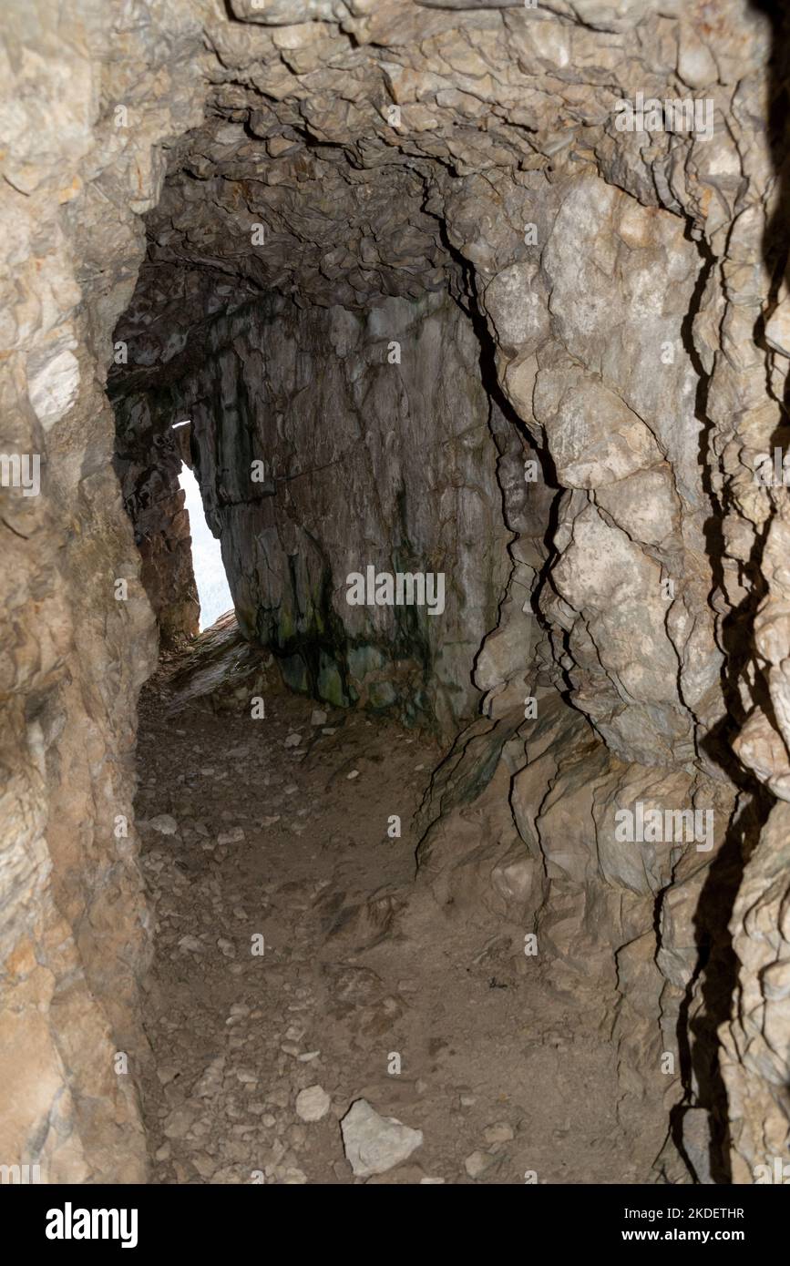 A tunnel in Mount Lagazuoi, part of a defense system in the First World War at the Dolomite Alps, Autonomous Pronvince of South Tirol Stock Photo