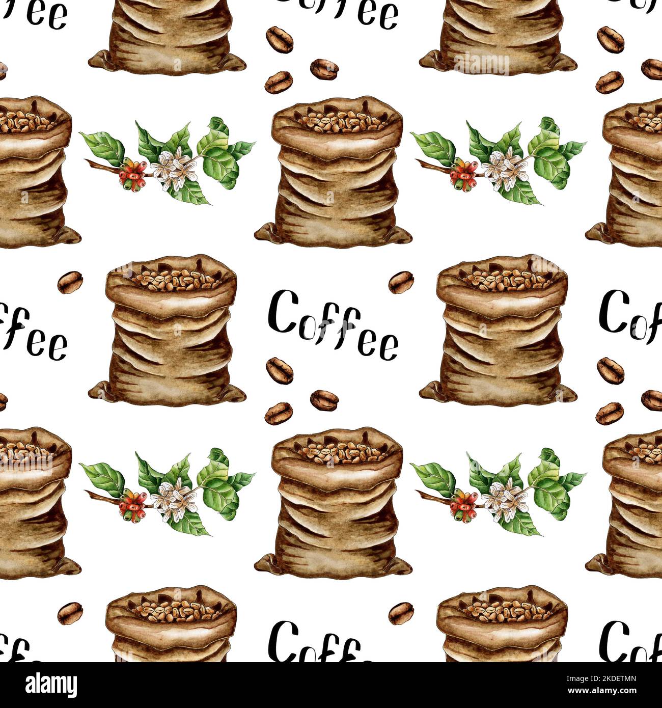 Pattern watercolor illustration of a bag with coffee beans, a sprig and