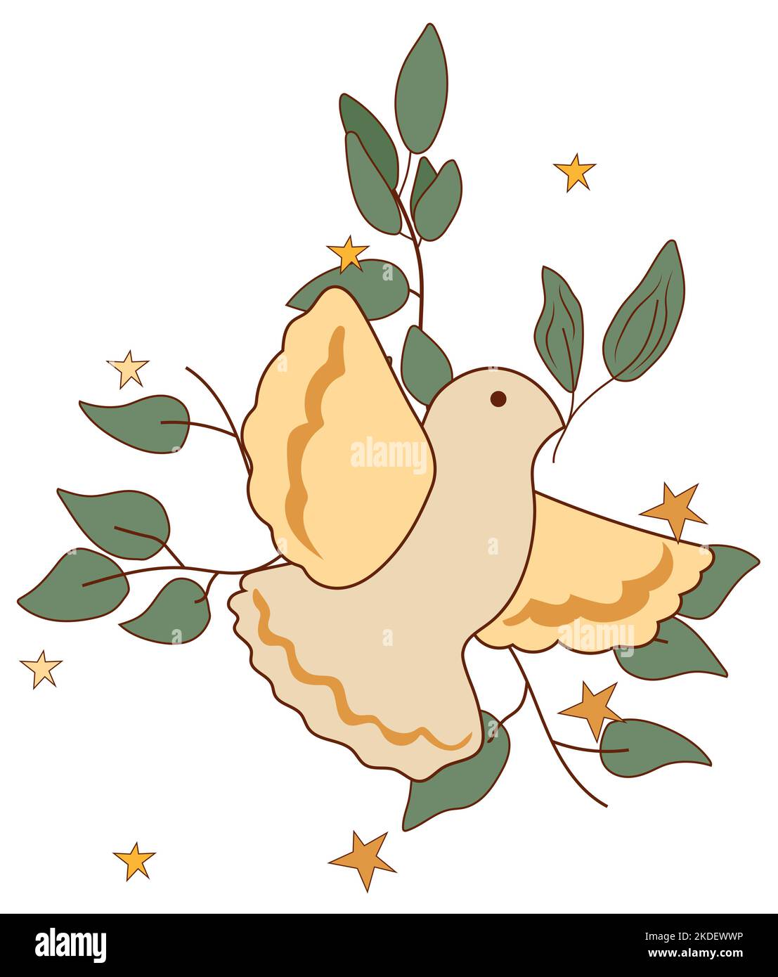 Positive composition 70s with a flying doves and green leaves around. Composition in a vintage style perfect for cards, poster, postcard, banner. Vector. Stock Vector