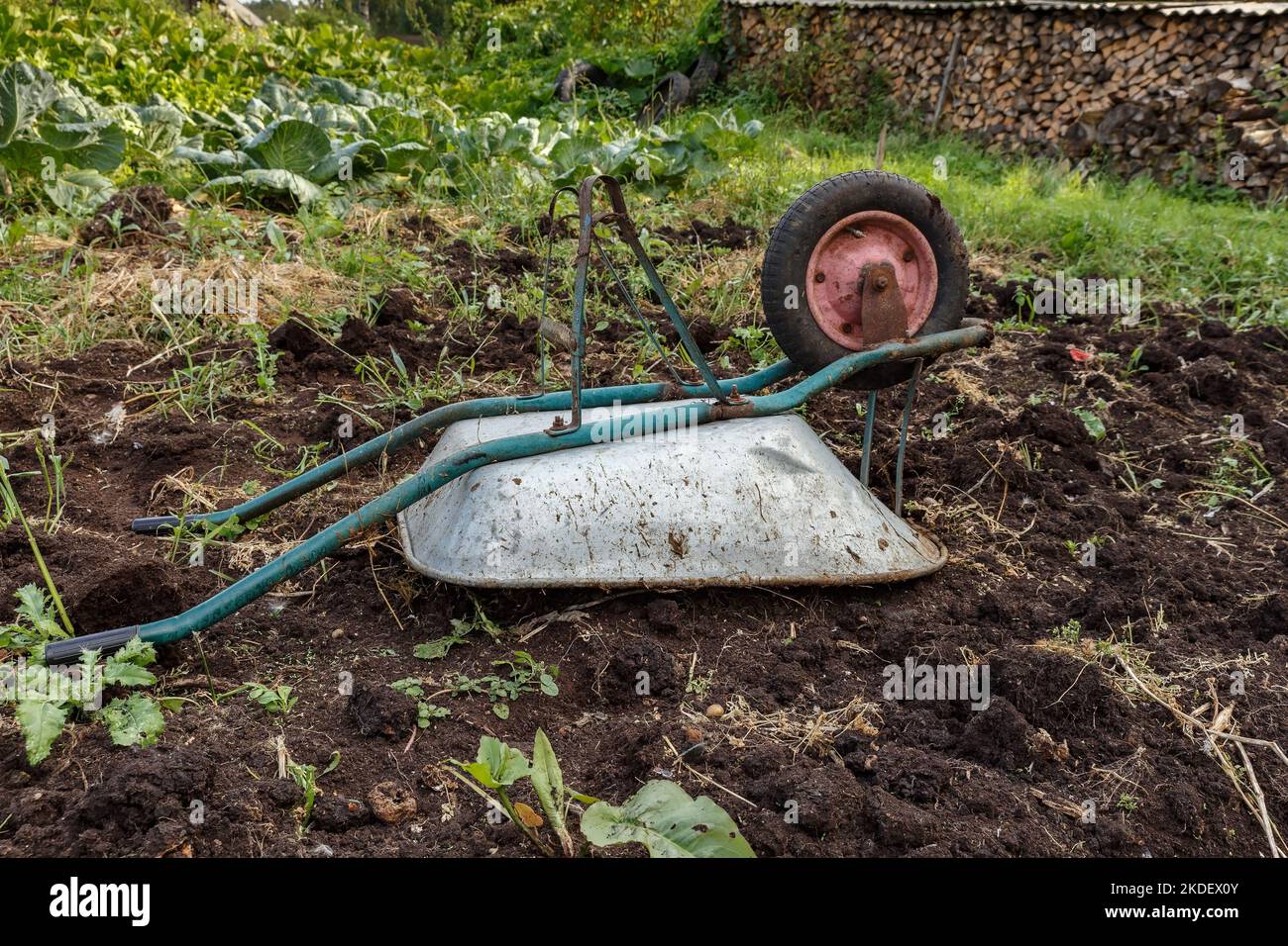 overturned wheelbarrow in the garden. wheelbarrow lying on the ground