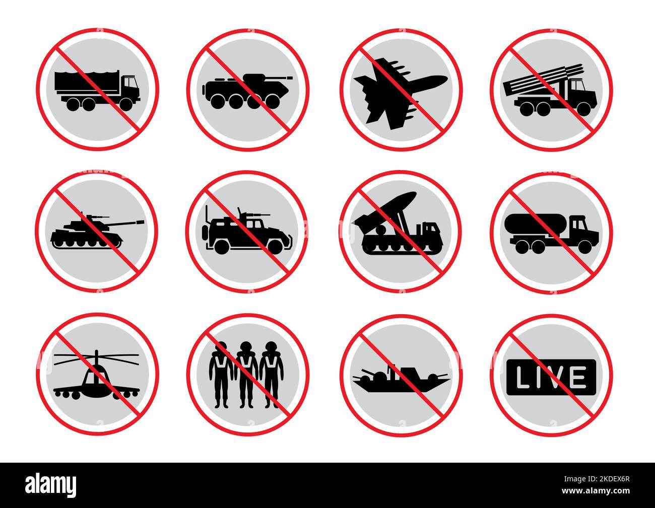army transport prohibited sign symbol set Stock Vector