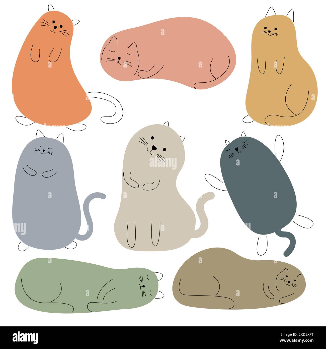 Hand drawn set of cute emotional cartoon cats. Stock Vector