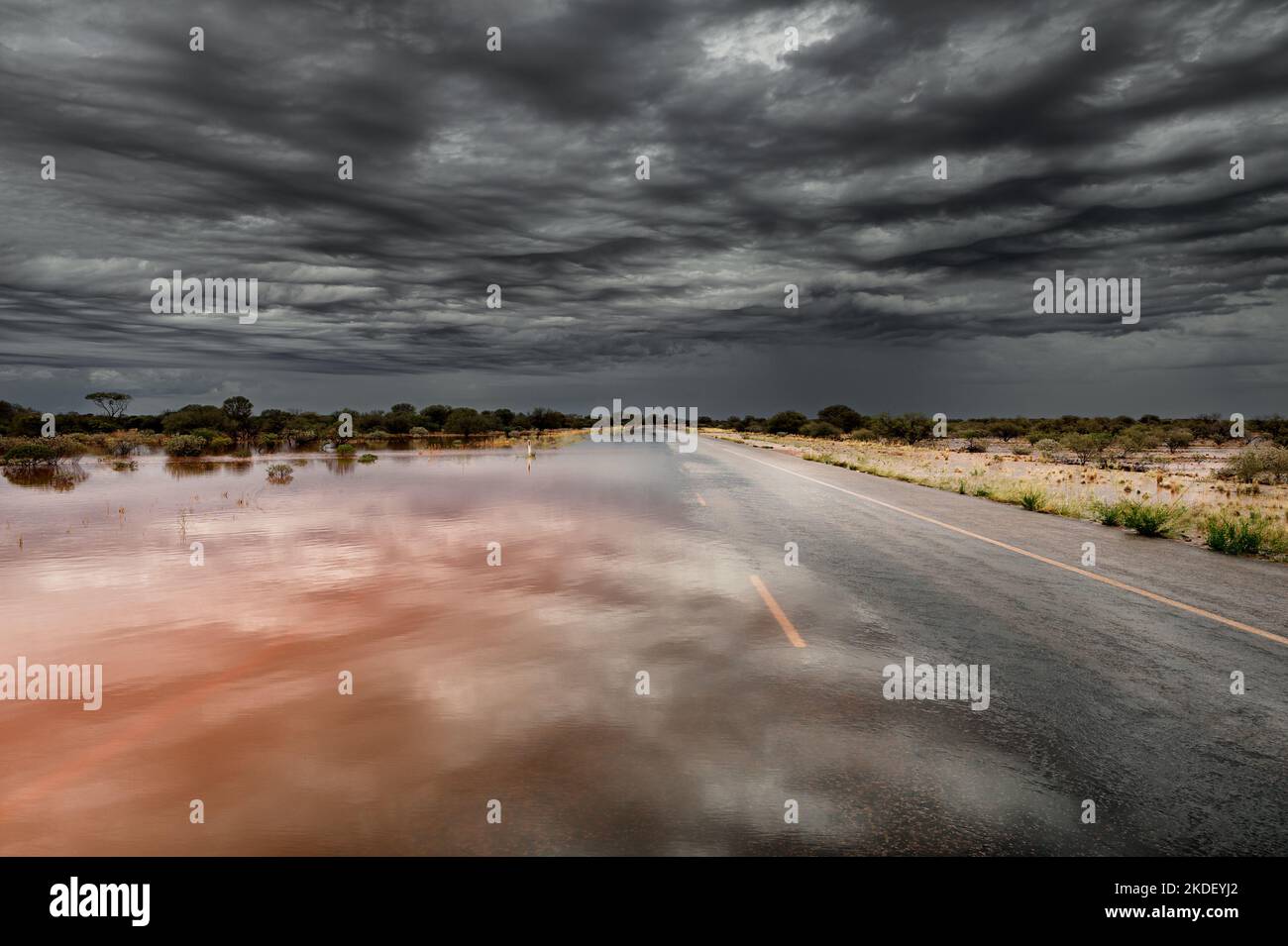 Flooded Outback Highway after heavy rain. Stock Photo