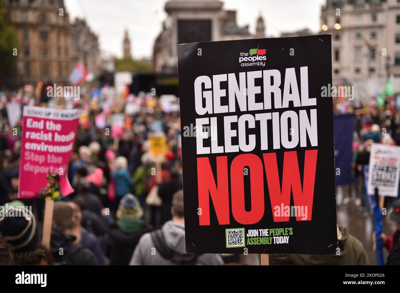 Placard which reads General Election Now seen at the rally at Trafalgar Square. Anti government and anti-tories protesters gathered in Embankment and marched through Westminster to demand general election. Stock Photo