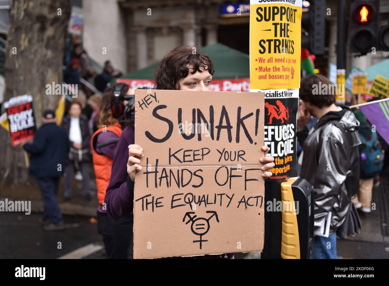 Protester holds a placard expressing her opinion at the demonstration. Anti government and anti-tories protesters gathered in Embankment and marched through Westminster to demand general election. Stock Photo