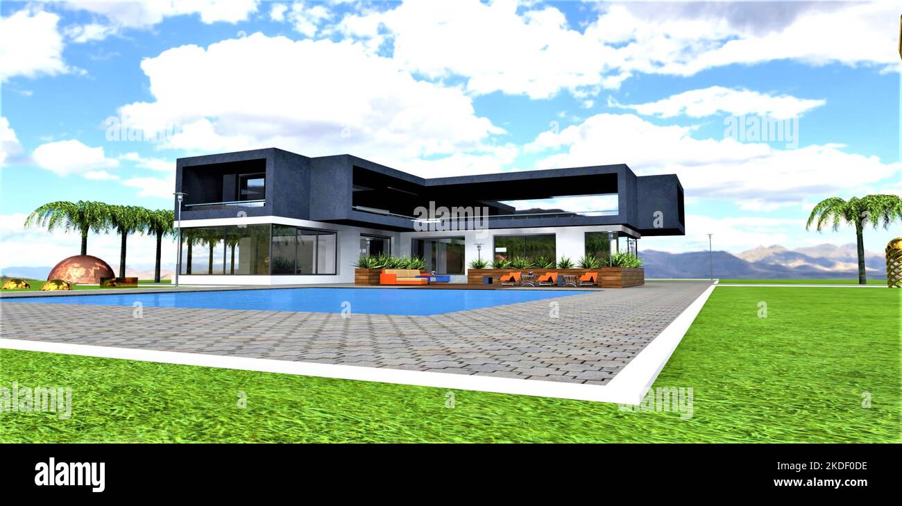 Beautiful newly built elite house with blue pool and amazing large lawn. Concrete blocks pavement with white stone curb, 3d rendering. Stock Photo