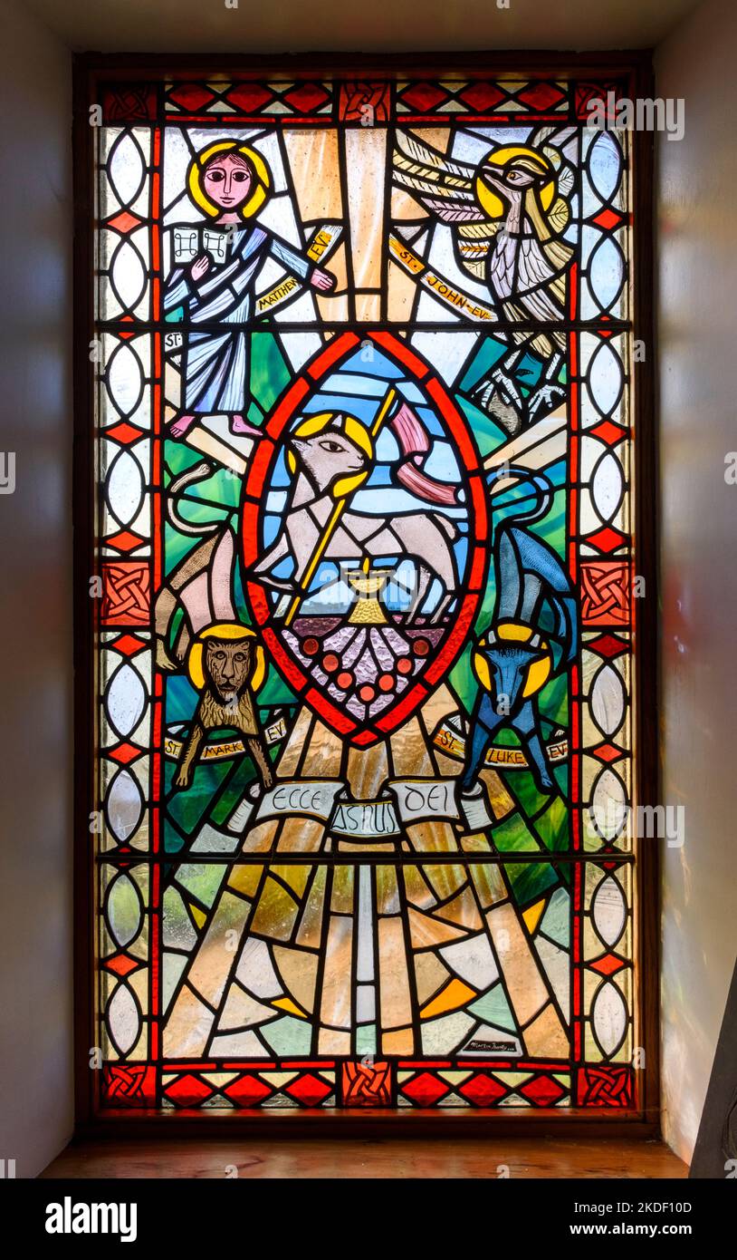 Stained glass window in St. Columba's Chapel on the Isle of Canna, Scotland, UK Stock Photo