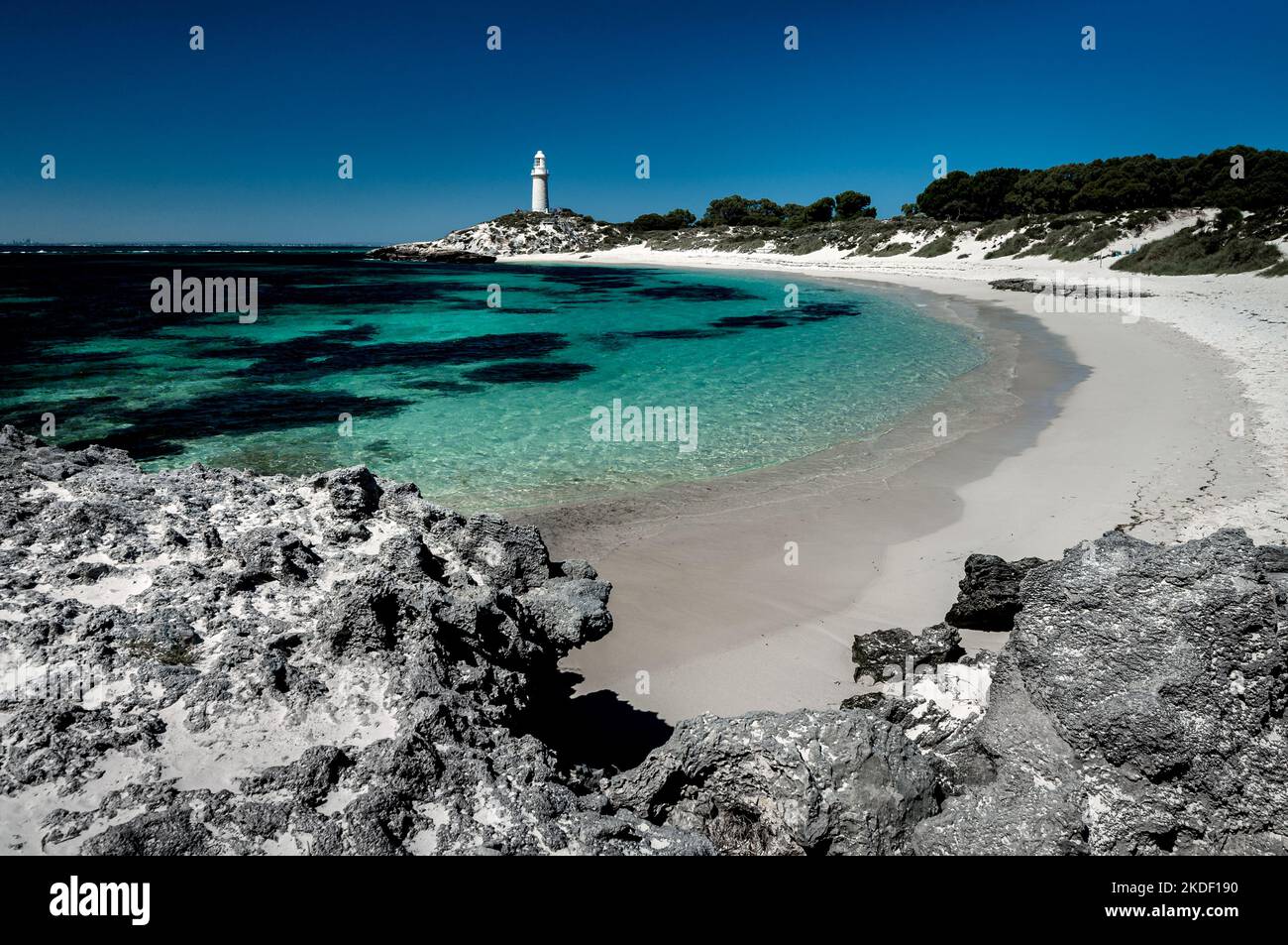 Built in 1900 Bathurst Lighthouse is located at the end of Pinky Beach on Rottnest Island. Stock Photo