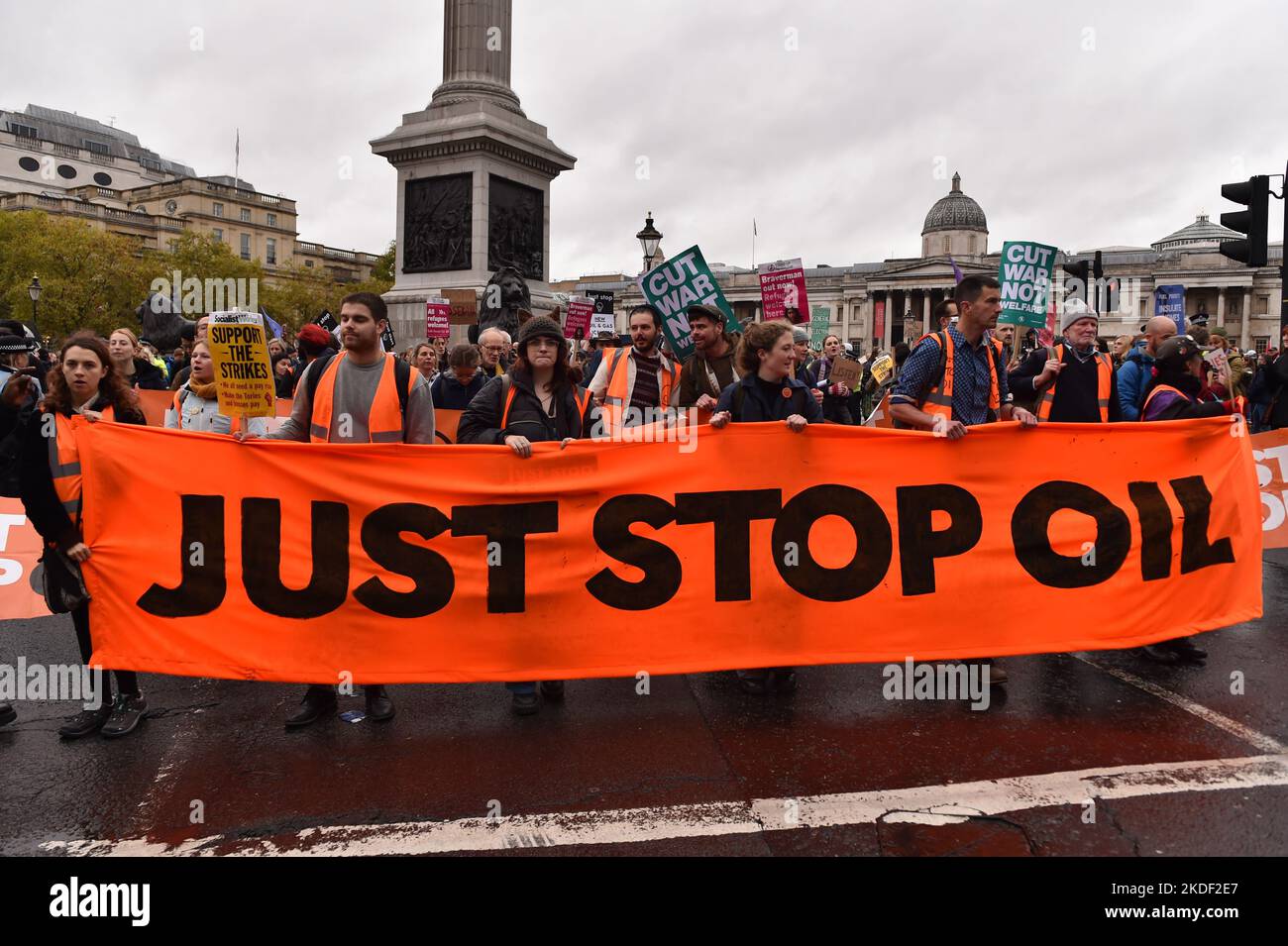 Climate activists group Just Stop Oil blocked the roads around Trafalgar Square during the National Anti Government demonstration, demanding to halt all future licensing and consents for the exploration, development and production of fossil fuels in the UK. Stock Photo