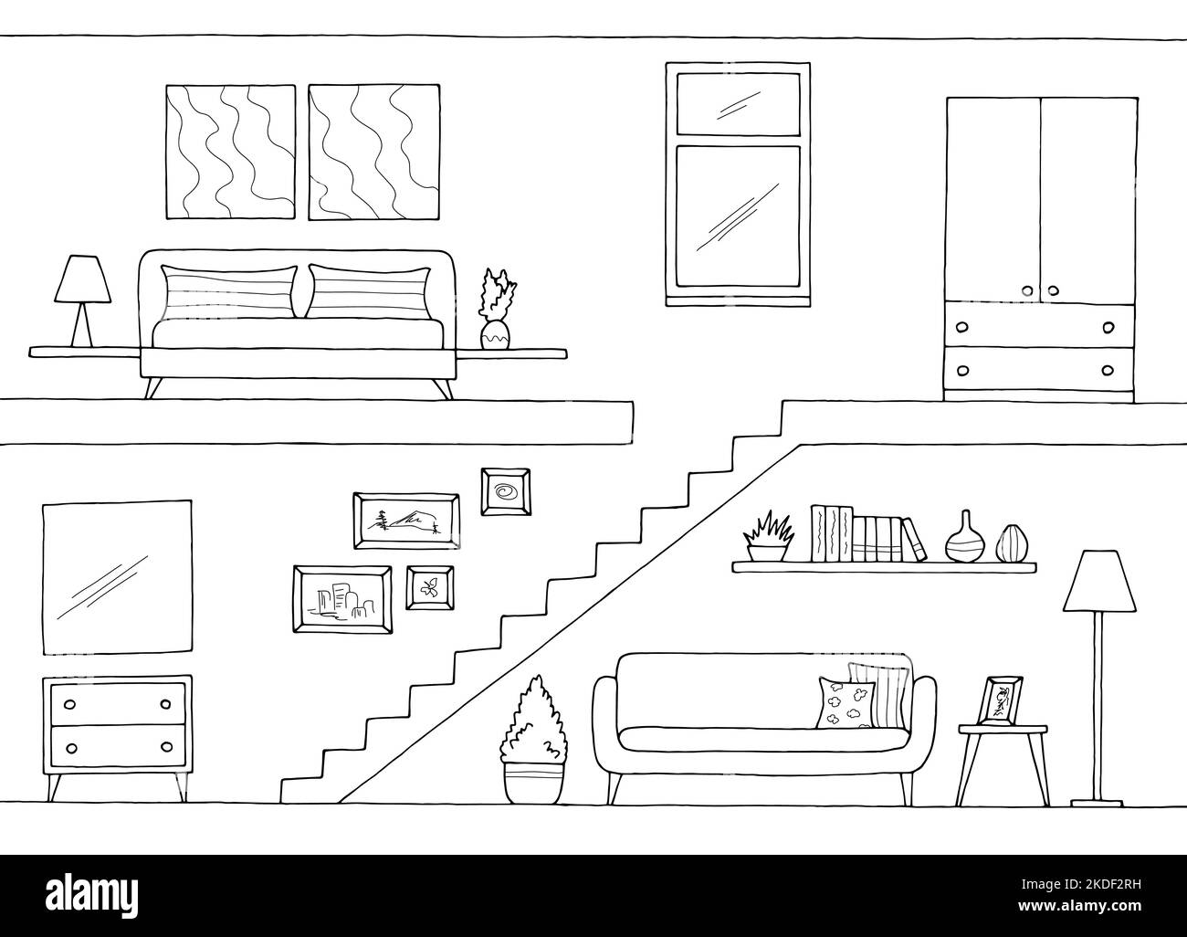 Apartment interior graphic black white sketch illustration vector Stock Vector